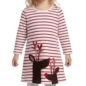 Kids Red White Stripe Long Sleeve Reindeer Christmas Dress Size 3-4 Years